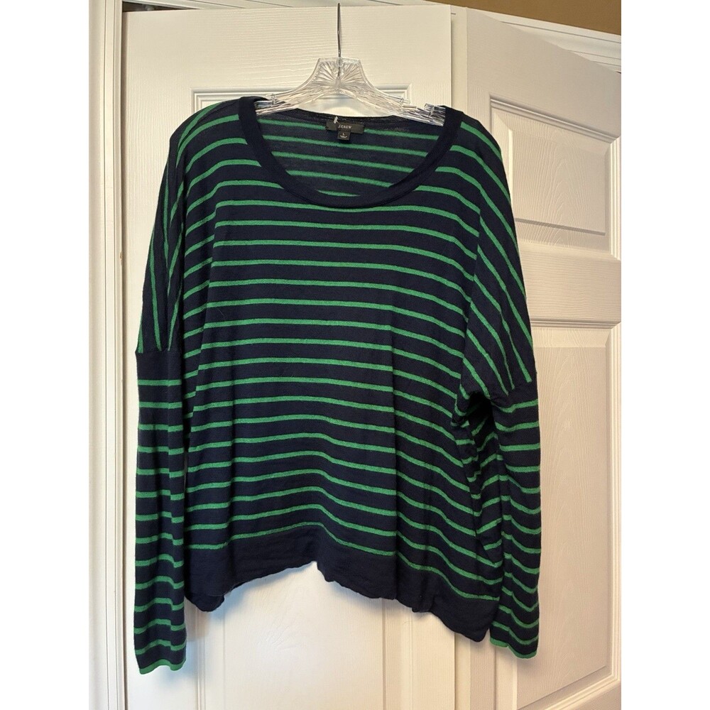 J Crew Women’s 100% Merino Wool Large Sweater Navy Green Stripe Nautical